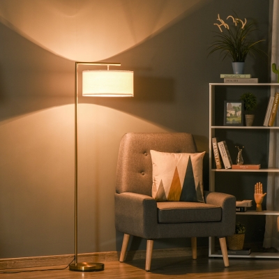 HOMCOM Candeeiro de Pé com Abat Jour em Tecido de Linho e Base Redonda Estável Sala Escritório Quarto 47x37x153 cm Dourado e Branco
