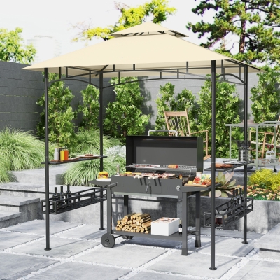 Outsunny Tenda de Churrasco Tenda de Churrasco Pavilhão de Jardim com 2 Prateleiras Cestas de Armazenamento Ganchos para Terraço Bege