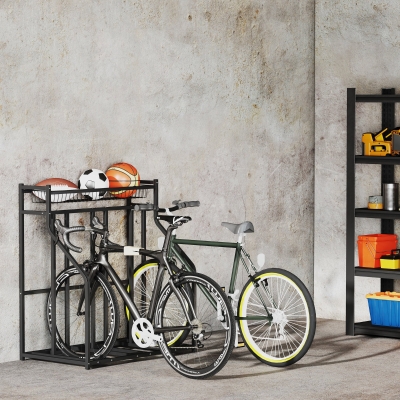 Sportnow Suporte de Bicicleta Suporte de Estacionamento para 3 Bicicletas com Cesta Superior 4 Ganchos 90x54x100 cm Preto