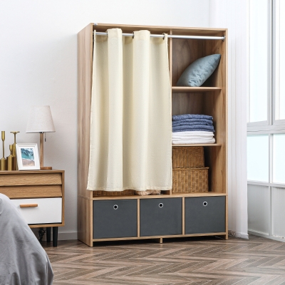 HOMCOM Armário de Closet Armário de Arrumação com Barra Cortinas 3 Gavetas de Tecido Removíveis 105x48x160 cm Natural