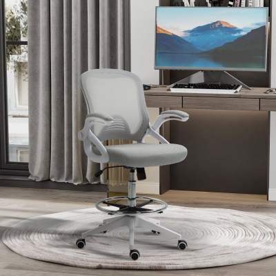 Vinsetto Cadeira de Escritório Assento Alto Ajustável Repousa Pés Braços Rebatíveis Giratória 360° Tela 64x60x106-126 cm Cinza Branco
