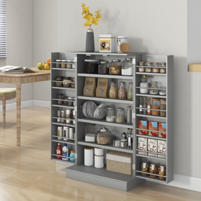 HOMCOM Armário Mueble de Cozinha despensa 2 Portas com 5 Prateleiras e 12 Porta Temperos 60x30x104 cm Cinza