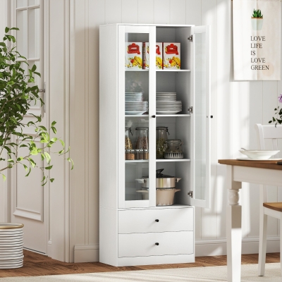 HOMCOM Móvel de Arrumação Moderno com Armário de Portas de Vidro Prateleiras Ajustáveis e 2 Gavetas 59x30x164 cm Branco