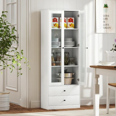 HOMCOM Móvel de Arrumação Moderno com Armário de Portas de Vidro Prateleiras Ajustáveis e 2 Gavetas 59x30x164 cm Branco