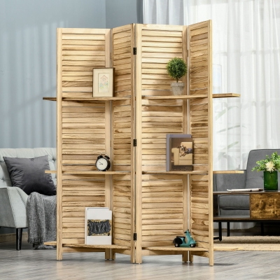 HOMCOM Biombo Interior 4 Painéis 3 Prateleiras Dobráveis Portas de Ripas Madeira de Paulownia Aspecto Pinho Autoclave