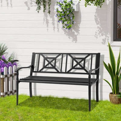 Outsunny Banco de Jardim 2 Lugares BancoTerraço Pátio Encosto Alto Assento de Ripas Apoios de Braços Aço 128x62,5x81,5 cm Preto