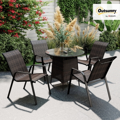 Outsunny Conjunto de 4 Cadeiras de Jardim Empilháveis Cadeira de Exterior com Braços e Revestimento em Resina Trançada Marrom