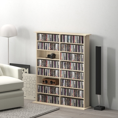 HOMCOM Armazenamento de CD e DVD com 16 Compartimentos e 12 Prateleiras Ajustáveis Capacidade Máxima 720 CD/396 DVD e Blu Ray Natural