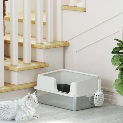 Pawhut Caixa de Areia para Gatos Caixa de Areia em Aço Inoxidável com Lados Altos Pá Limpeza Fácil 60x40x28 cm Cinza Claro