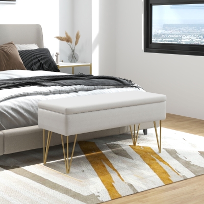 HOMCOM Banco Caixa de Armazenamento 2 em 1 em Tecido com Pés de Agulha em Aço Dourado 100x40x49 cm Creme