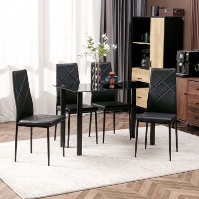 HOMCOM Conjunto de Mesa de Jantar com 4 Cadeiras Tampo de Vidro Temperado Pés de Aço para Cozinha Sala de Estar Preto