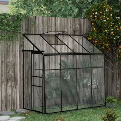 Outsunny Estufa Adossada Estufa de Jardim em Policarbonato com Porta de Correr Ventilação de Telhado Fundação 127x253x240 cm Preto