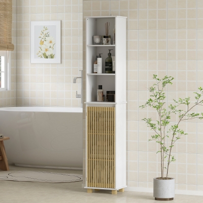 HOMCOM Coluna de Banheiro Armário de Banheiro com Porta em Ripas de Bambu e Compartimentos Abertos Branco