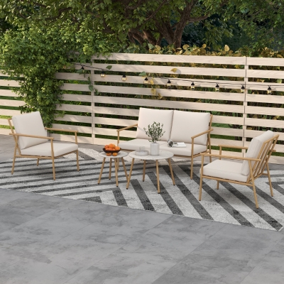 Outsunny Conjunto de Sofá de Jardim 5 Peças 4 Pessoas Sofá de 2 Lugares 2 Mesas de Centro e 2 Cadeirões Almofadas Estrutura de Aço