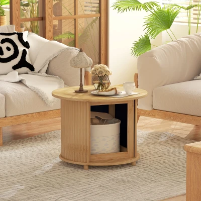 HOMCOM Mesa de Centro Redonda Mesa de Sala em Bambu com Armazenamento Oculto e Porta deslizante Ø 60x45 cm Madeira Natural