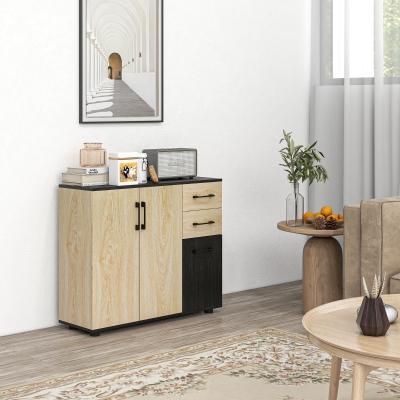HOMCOM Buffet de Armazenamento de Cozinha com 2 Armários Prateleira Ajustável 2 Gavetas 90x30x75,5 cm Natural Preto