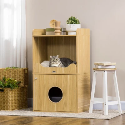 Pawhut Casa de Banho para Gato Móvel Caixa de Areia para Gato 3 Níveis Compartimento Fechado Por Uma Porta 1 Almofada 60x45x103 cm