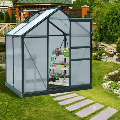 Outsunny Estufa de Jardim em Policarbonato 190x132x201 cm Resistente Aos Raios UV 30 Fundação Reforçada Calha Verde Escuro