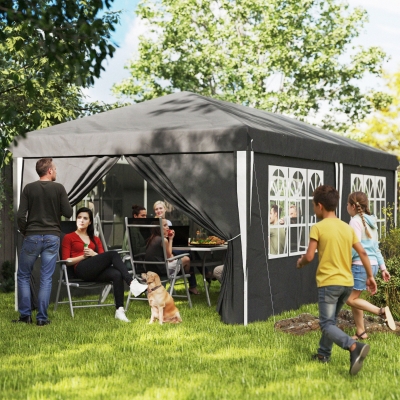 Outsunny Gazebo 3x6 m para 12-18 Pessoas Ajustável em Altura com Furos de Drenagem em Metal e Tecido Oxford Cinza