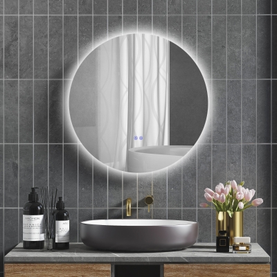 Kleankin Espelho Redondo Luminoso LED de Casa de Banho Ø 80 cm de Parede com Iluminação Interruptor Tátil Sistema Anti Embaciamento