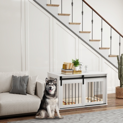 Pawhut Caixa para Cães com Porta de Correr Ventilação Painel de Aglomerado e Aço 98x58x61 cm Branca
