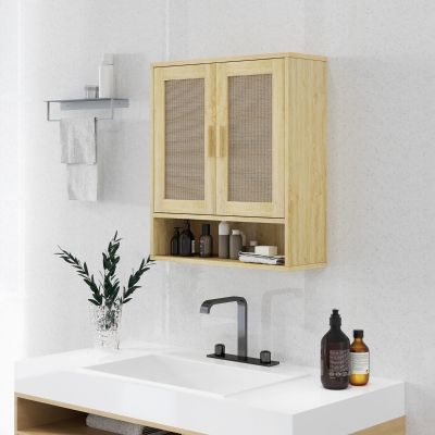 HOMCOM Armário de Parede para Banheiro Armário Suspenso com Dupla Porta e Prateleira Aberta 59x20x66,5 cm Efeito Carvalho