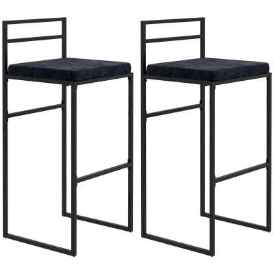 HOMCOM Lote de 2 Cadeiras de Bar Bancos Altas Almofada de Assento em Veludo Apoio para Os Pés Altura 74 cm Preto