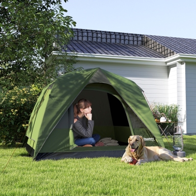 Outsunny Barraca de Camping 2-4 Pessoas Barraca Dome Familiar Impermeável com Janelas Bolso Bolsa de Transporte Verde Oliva
