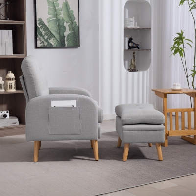 HOMCOM Poltrona de Relaxamento com Apoio para Os Pés Poltrona TV com Almofadas em Tecido de Linho 68,5x73,5x90 cm Cinza Claro