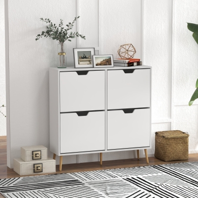 HOMCOM Móvel de Sapatos 4 Abas 16 Pares com Prateleira Ajustável Pés em Madeira de Pinho 95x26x95 cm Branco
