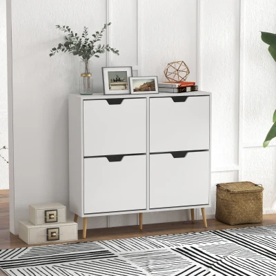 HOMCOM Móvel de Sapatos 4 Abas 16 Pares com Prateleira Ajustável Pés em Madeira de Pinho 95x26x95 cm Branco