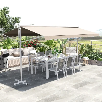 Outsunny Toldo de Dupla Inclinação Retrátil Inclinação Ajustável Aço Branco Poliéster Impermeabilizado Anti UV Bege 4,50x3,40x2,55 m