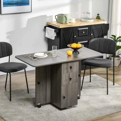 HOMCOM Mesa de Cozinha Dobrável Mesa de Jantar com 2 Painéis Dobráveis 2 Gavetas 1 Armário Cinza