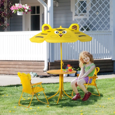 Outsunny Conjunto de Mobiliário de Jardim para Crianças 4 Pcs Tigre Mesa Redonda 2 Cadeiras Dobráveis Guarda Sol Metal Oxford Amarel