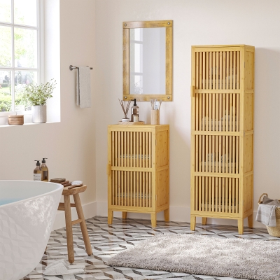 HOMCOM Móvel de Armazenamento em Bambu com Prateleiras e Porta estilo de Ripas para Banheiro Quarto Sala 40x30x140 cm