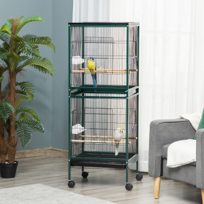 Pawhut Grande Gaiola para Pássaros em Pé Dupla com Comedouros Poleiros Bandeja Removível Rodízios 51,5x50x140 cm