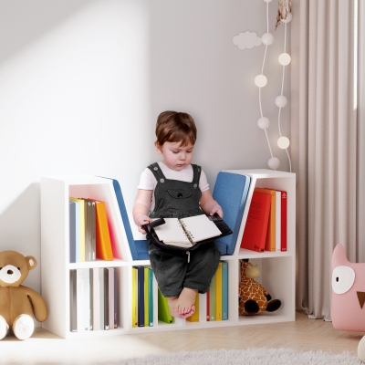 HOMCOM Biblioteca Banc 2 em 1 estilo Contemporâneo 6 Compartimentos 3 Almofadas Incluídas 102x30x61 cm Branco Azul