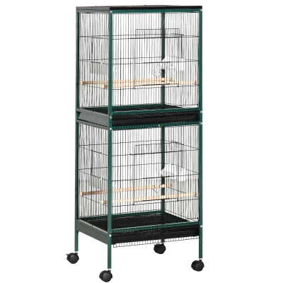 Pawhut Grande Gaiola para Pássaros em Pé Dupla com Comedouros Poleiros Bandeja Removível Rodízios 51,5x50x140 cm