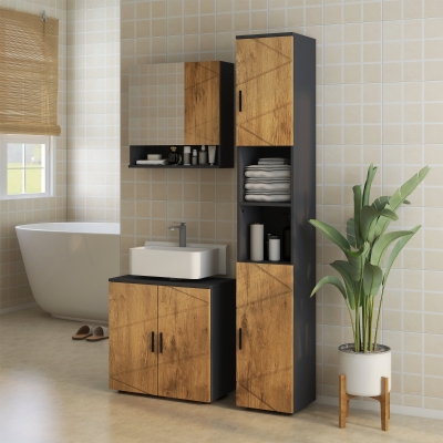 Kleankin Armário de Parede com Espelho para Banheiro Armário de Armazenamento com 2 Portas 55x17x55 cm Natural Cinza Escuro