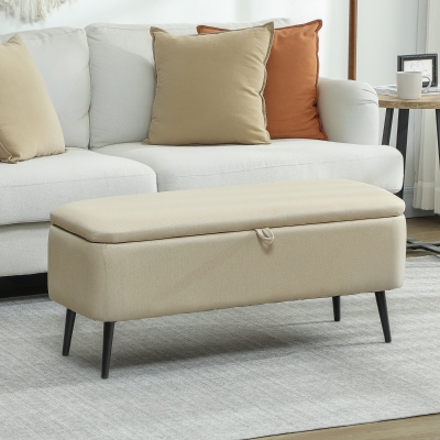 HOMCOM Banc de Rangement avec Couvercle Rabattable et Pieds en Acier pour Chambre Salon Entrée 101x38,5x44,5 cm Beige