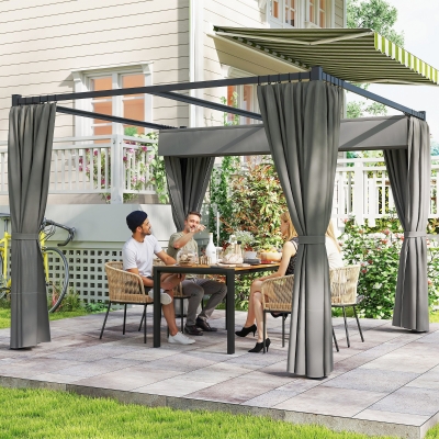 Outsunny Cenador para Exterior 3x3 m con Paredes Laterales y Techo Retráctil Marco Metálico Impermeable para Terraza Gris