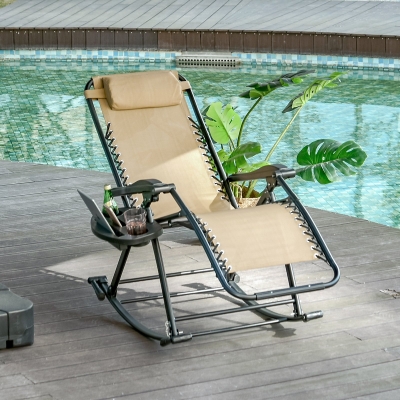 Outsunny Folding Rocking Chair Outdoor Adjustable Beige