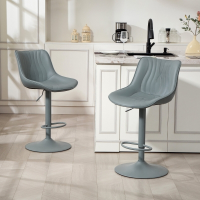 HOMCOM Juego de 2 Taburetes de Bar con Altura Ajustable Respaldo Asiento de Piel Sintética Marco de Acero y Reposapiés Gris