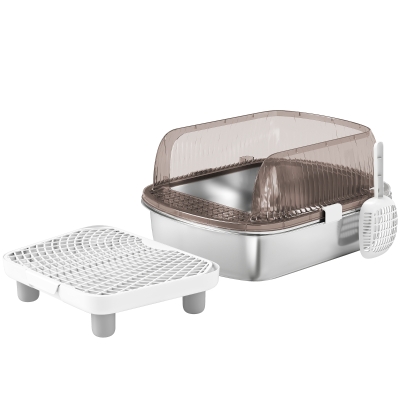 PawHut Caixa de Areia para Gatos Fechada com Bandeja em Aço Inoxidável Bordas Altas Pá e Degrau para Gatos Grandes 53x42x27 cm Cinzento