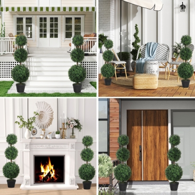 HOMCOM Lote de 2 árboles artificiales 101,6 cm 3 bolas de buxus topiarias planta falsa verde PE con maceta interior y exterior