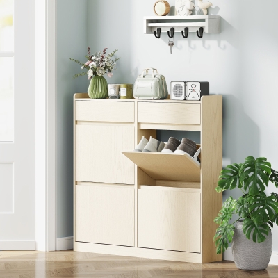 HOMCOM Zapatero Estrecho con 2 Cajones 4 Compartimentos Abatibles y Encimera 98x19,2x95,3 cm Blanco Veteado