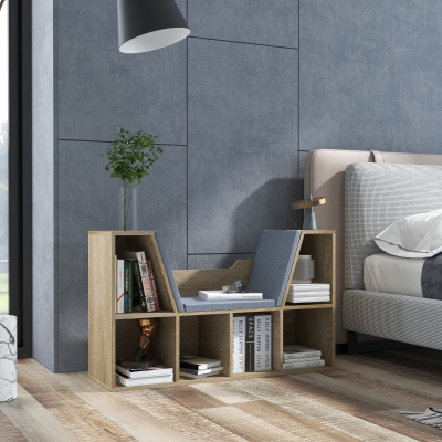HOMCOM Librería con Asiento Estantería de Libros con 6 Cubos Cojín para Sala de Estar Dormitorio 102x30x61cm Roble y Gris