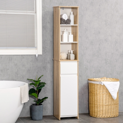 kleankin Armario Alto de Baño Mueble Columna de Baño con 1 Puerta Cajón y 3 Estantes Balda Ajustable para Cocina Salón 32,6x30x171,2 cm Madera Natural y Blanco