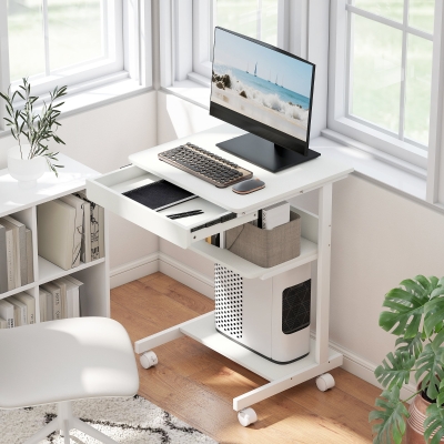 HOMCOM Escritorio de computadora con ruedas, escritorio con almacenamiento 56 x 51 cm con cajón, compartimento y soporte para CPU, blanco