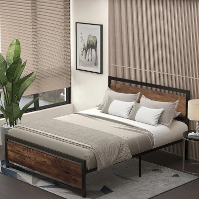 HOMCOM Lit Double Acier Sommier Tête de Lit Bois Foncé